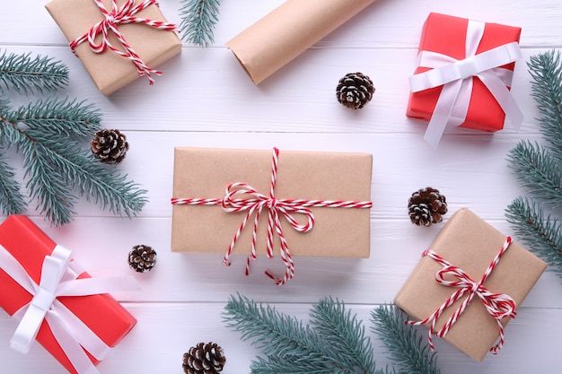 Christmas gifts presents with decorations on a white background