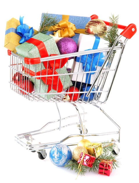 Christmas gifts in shopping trolley, isolated on white