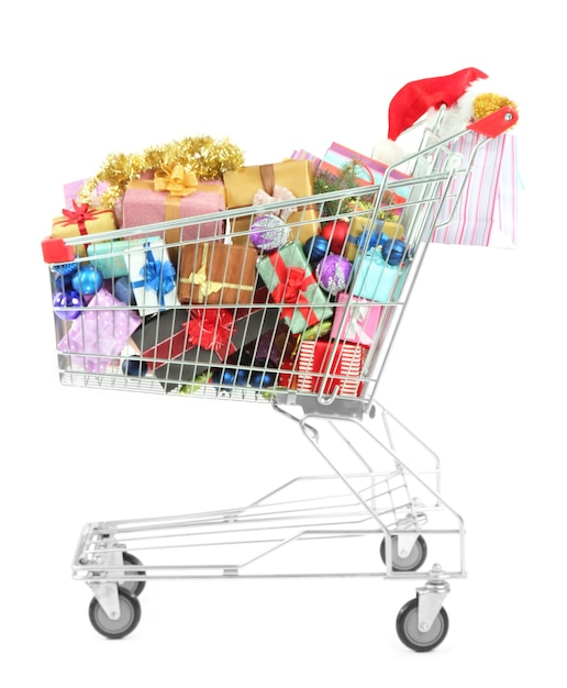 Christmas gifts in shopping trolley, isolated on white