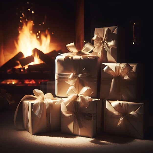 Christmas gifts and tree decorations closeup shot with bright illumination near a fireplace