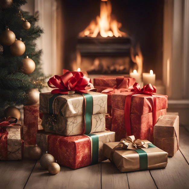 Christmas gifts and tree decorations closeup shot with bright illumination near a fireplace