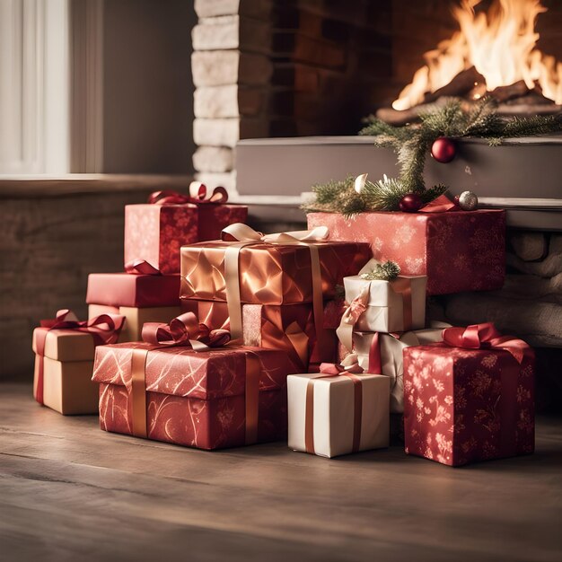 Christmas gifts and tree decorations closeup shot with bright illumination near a fireplace