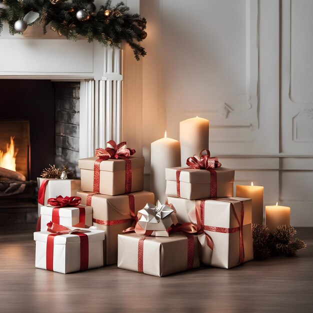 Christmas gifts and tree decorations closeup shot with bright illumination near a fireplace