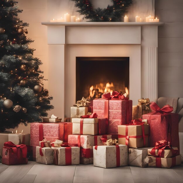 Christmas gifts and tree decorations closeup shot with bright illumination near a fireplace