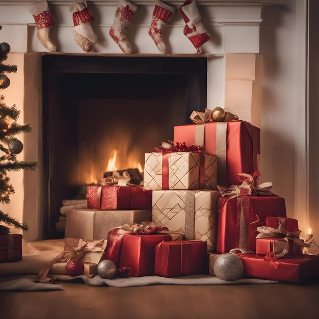 Christmas gifts and tree decorations closeup shot with bright illumination near a fireplace