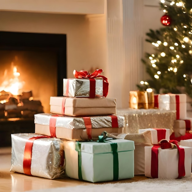 Christmas gifts and tree decorations closeup shot with bright illumination near a fireplace