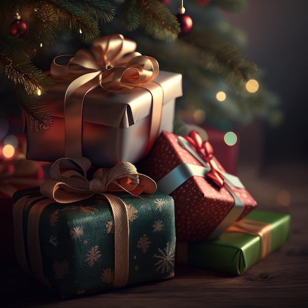 Christmas gifts with bows on a spruce background created with Generative AI technology