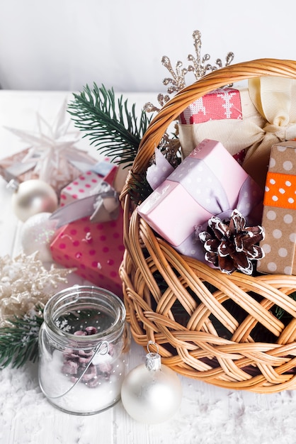 Christmas Gifts on Wooden Background.