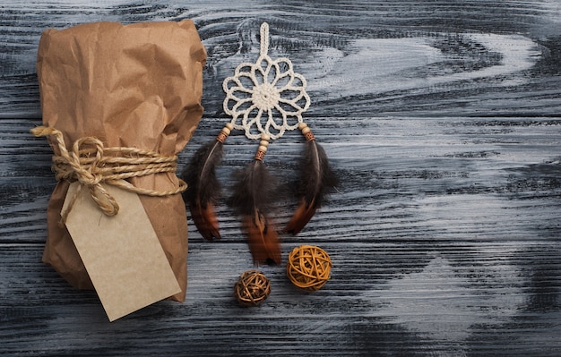 Christmas gifts on wooden table, top view