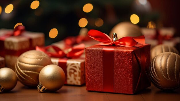 Photo christmas gifts on a wooden table with a christmas tree in the background