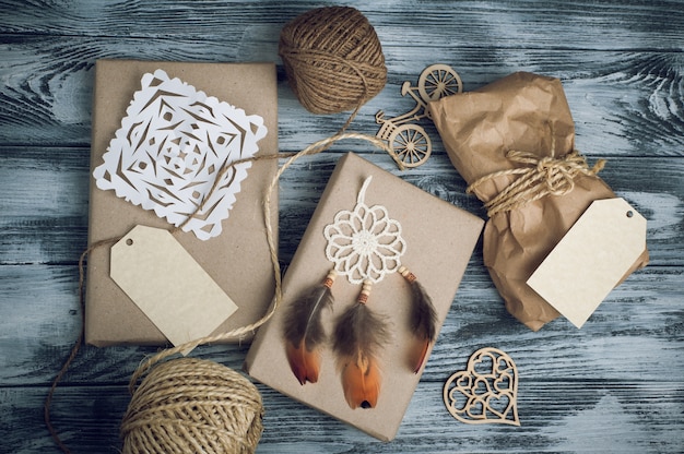 Christmas gifts on wooden