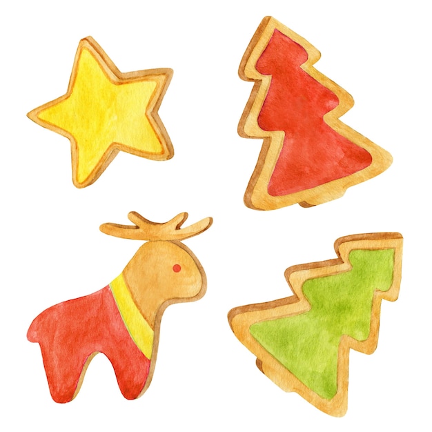 Christmas gingerbread clipart, watercolor cookies set, fir, deer, star gingerbread illistration