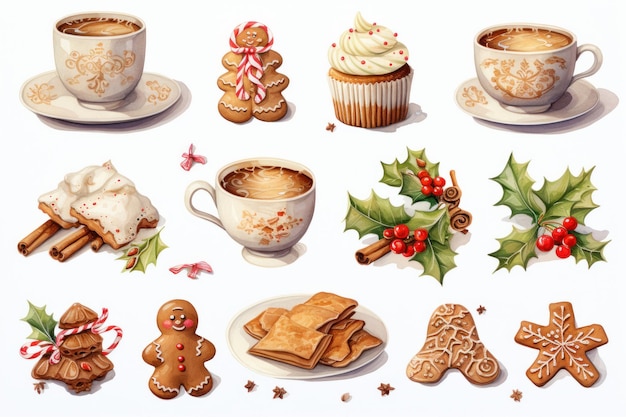 Christmas gingerbread cookies and cup of coffee set watercolor illustration