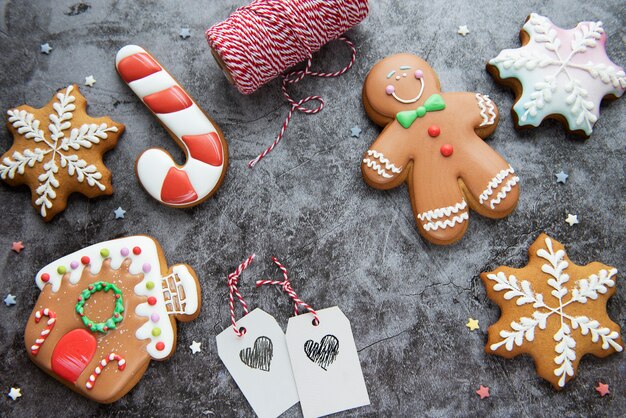 Christmas gingerbread cookies  on a dark background.  Homemade delicious Christmas gingerbread