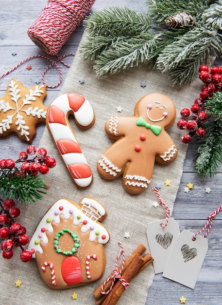 Christmas gingerbread cookies  on a dark background.  Homemade delicious Christmas gingerbread