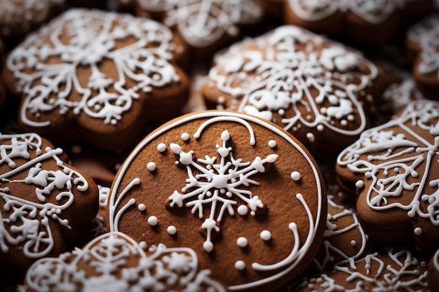 Photo christmas gingerbread cookies decorated with frosting and sprinkles closeup