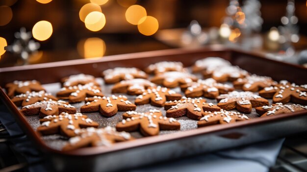 Photo christmas gingerbread cookies in the form of snowflakes on a baking tray