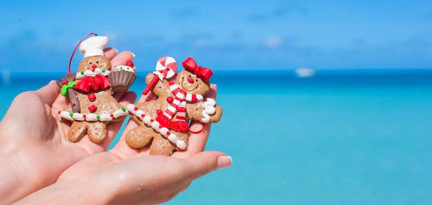 ターコイズブルーの海に対して手でクリスマスジンジャーブレッドクッキー