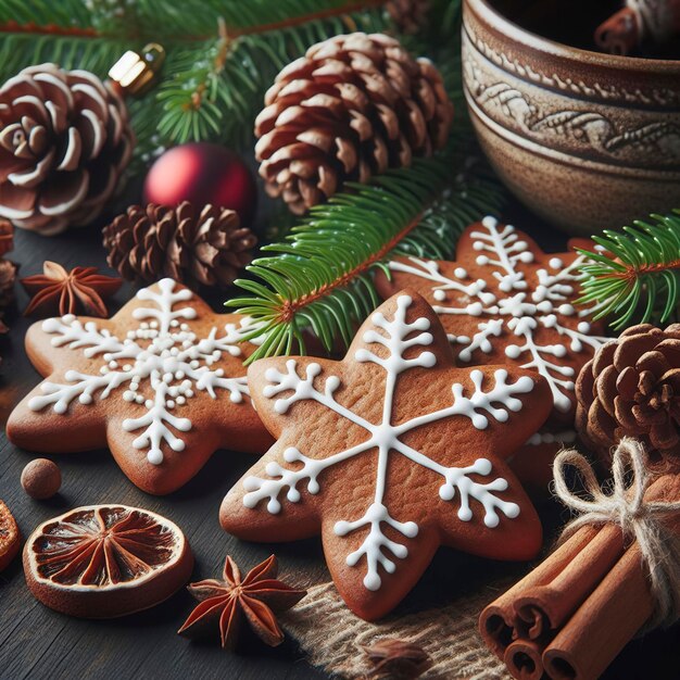 Christmas gingerbread cookies lie on the table together with cinnamon and pine cones