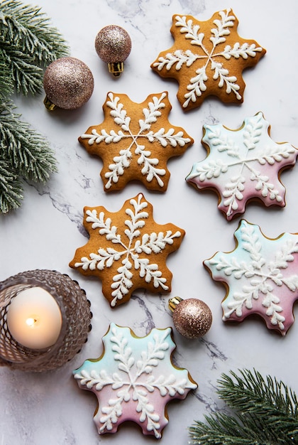 Christmas gingerbread cookies on marble table