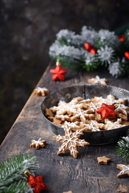 Christmas gingerbread cookies in shape of snowflake