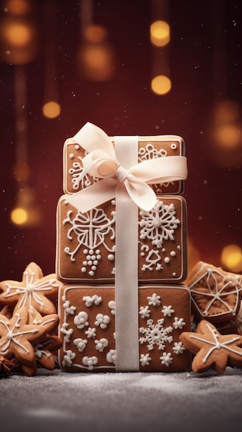 Christmas gingerbread cookies shaped as gift boxes decorated with bows AI Generated content