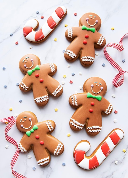 Christmas gingerbread cookies on white marble background