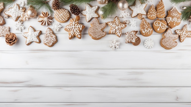 흰색 나무 배경에 크리스마스 진저 쿠키