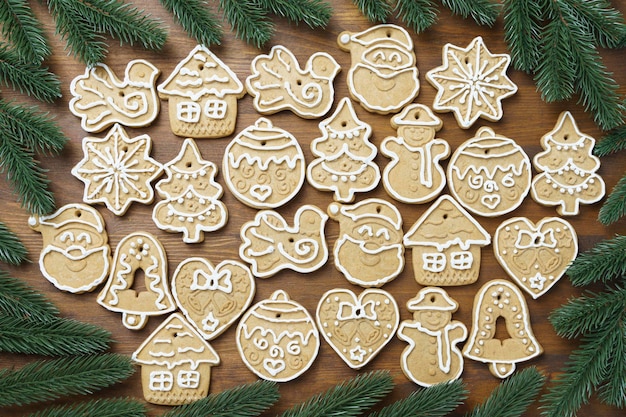 Christmas gingerbread cookies on a wooden table