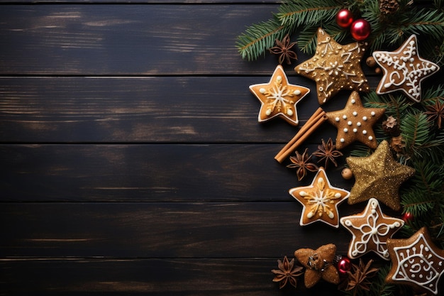 Christmas gingerbread decorations on wooden background top view AI generated illustration