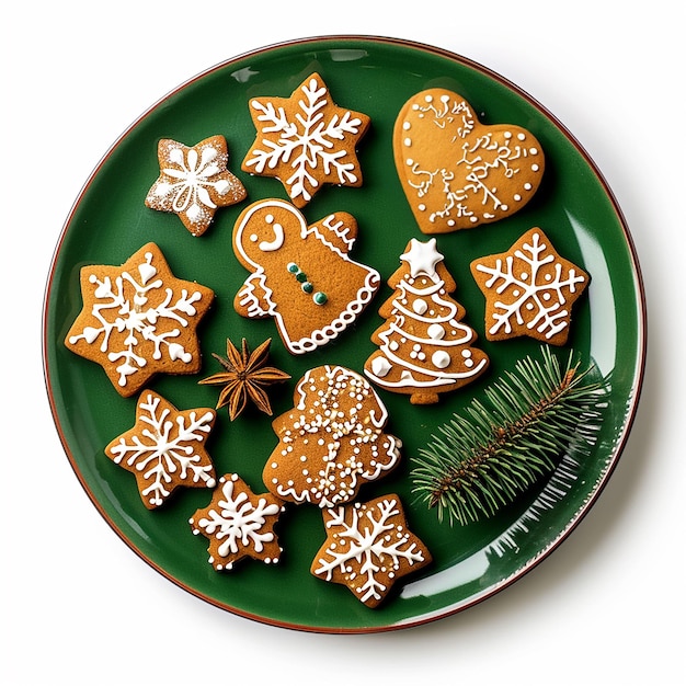 Photo christmas gingerbread on green plate isolated on white background