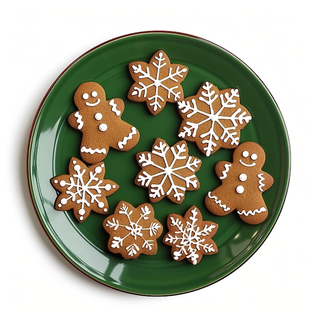 christmas gingerbread on green plate isolated on white background