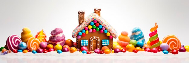 Christmas gingerbread house decorated with candies and glaze isolated on white background