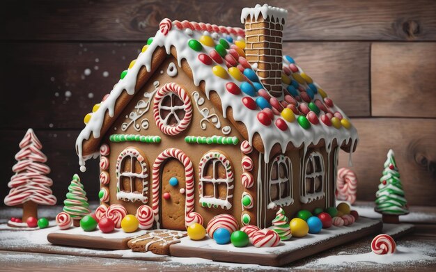 나무 테이블에 사탕과 글레이즈로 장식된 크리스마스 진저브레드 하우스