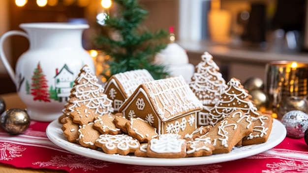クリスマスのジンジャーブレッドハウスのホリデーレシピと、コテージでの居心地の良い冬の英国の田舎のお茶のための甘いデザートを焼く自家製の食べ物と料理のアイデア