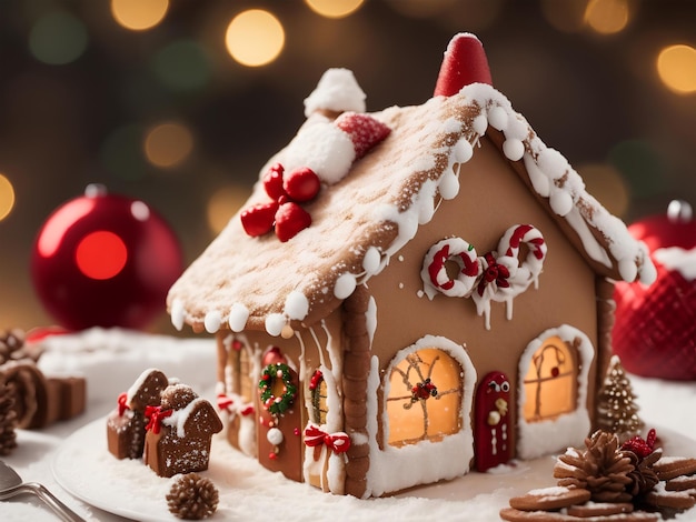 Christmas gingerbread houses on wooden table with bokeh background Pastries in the form of houses