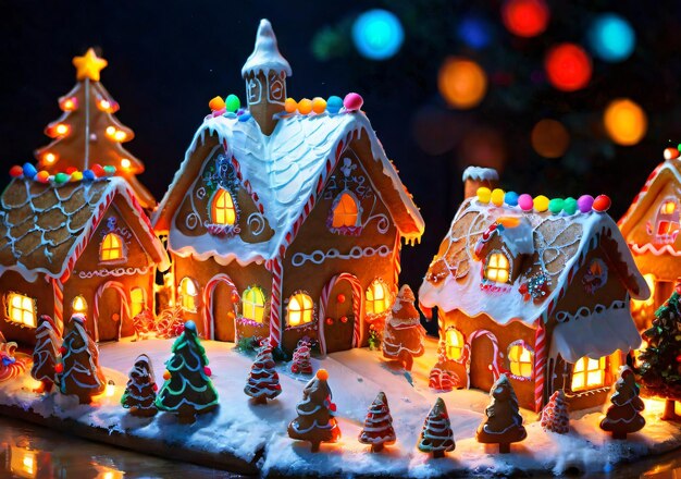 A Christmas Gingerbread Village With Colorful Evening Lighting