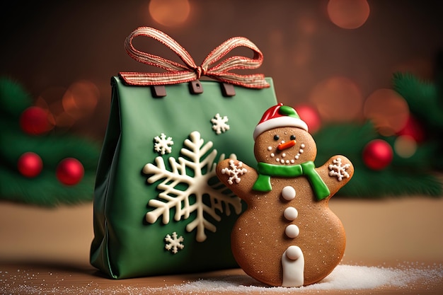 Christmas gingerbread with a snowman and present bag in the foreground on a green background