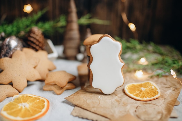 Christmas gingerbread with white icing mockup for painting, homemade baking