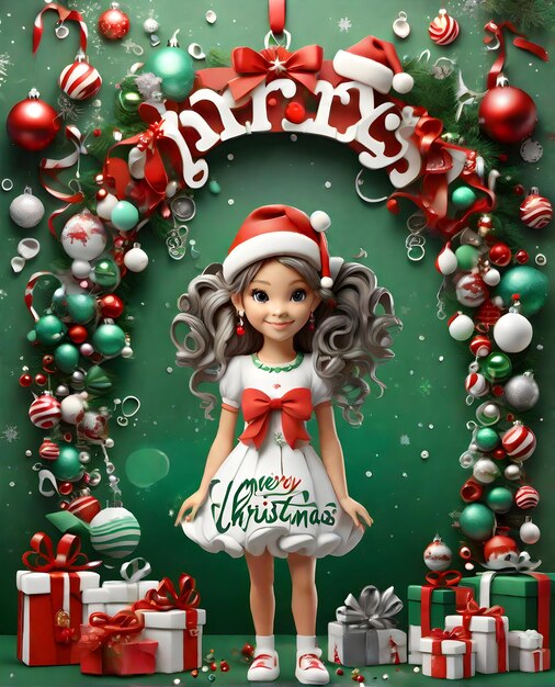 Photo christmas girl 3d character wearing christmas dress colorful splash decoration background