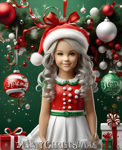 Christmas girl 3D character wearing Christmas dress colorful splash Decoration background