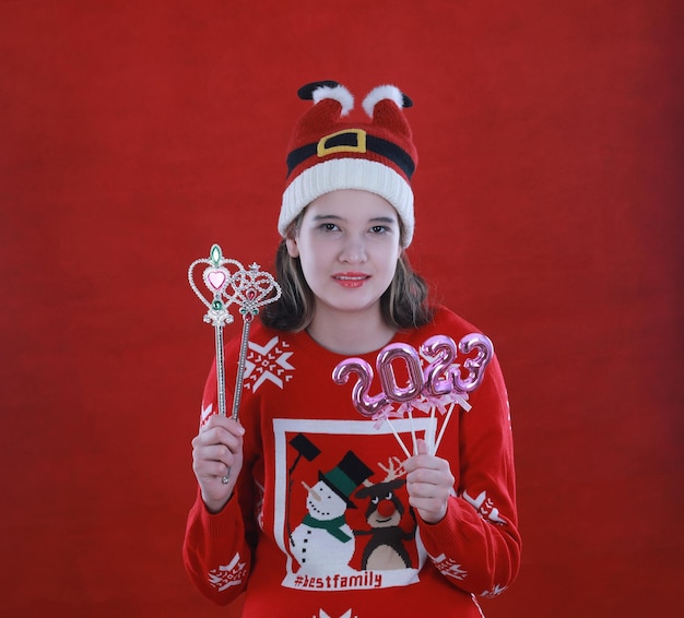 christmas girl on red background