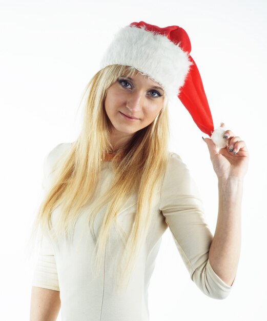 Christmas girl on white with santa hat