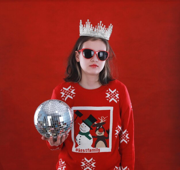 christmas, girl with crown and disco ball