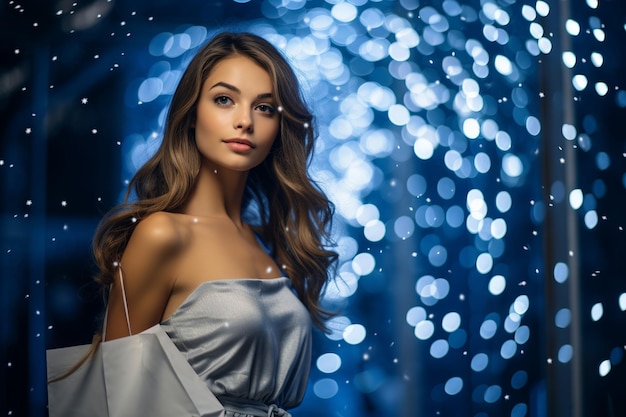 Christmas Glam Woman in Sequined Dress with Shopping Bags on Starry Backdrop