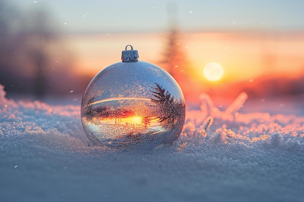 Photo christmas glass ball on the snow with a beautiful sunset in the background