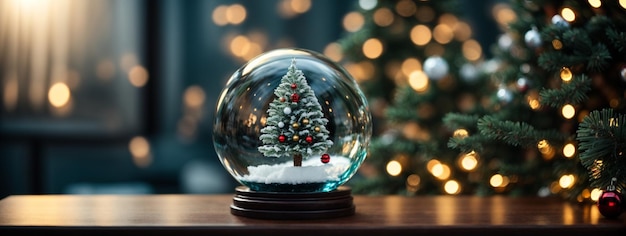 Christmas glass ball with tree in it on winter background