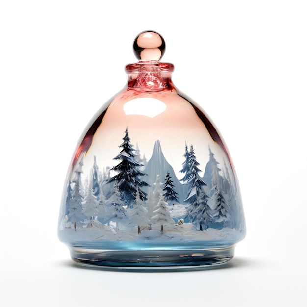 Рождественская стеклянная ваза с еловыми деревьями в снегу, изолированная на белом фоне