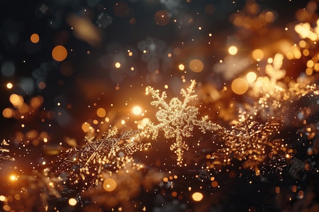 Christmas glittering glowing snowflakes particles and bokeh lights falling shiny background