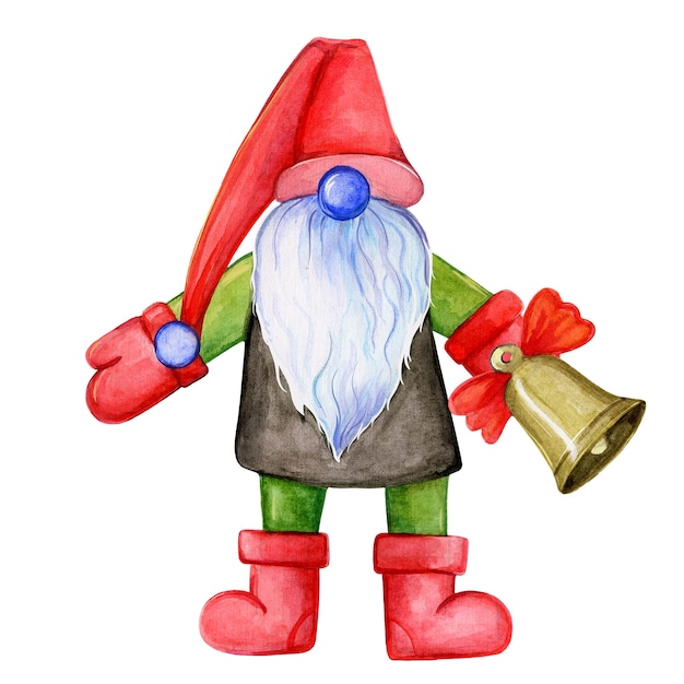 A christmas gnome holds a bell watercolor illustration